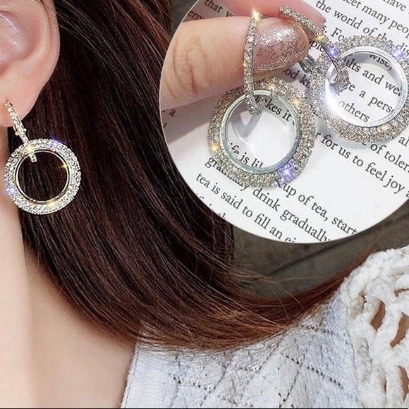 925 Sterling Silver Crystal Double Hoop Earings - Picture 4 of 5